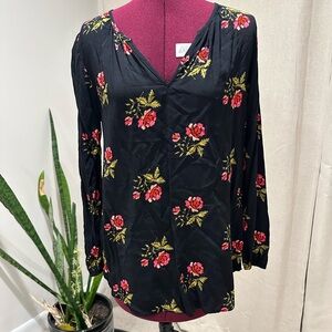 Old Navy Black Blouse with Red Floral Design